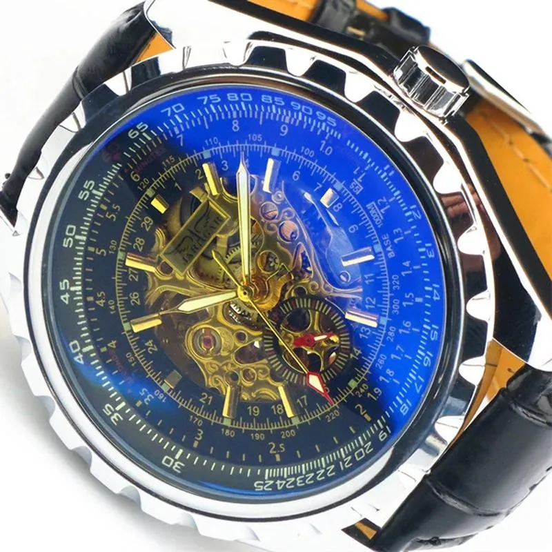 Komponenter herrklocka berömda varumärke Jaragar Fashion Photochromic Glass Mechanical Skeleton Watches Leather Band Military Army Watch