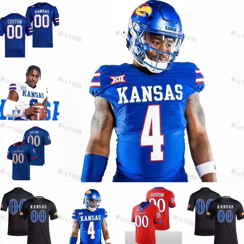 Maglia da calcio personalizzata NCAA Kansas Jayhawks 6 Jalon Daniels 4 Devin Neal 2 Lawrence Arnold 1 Kenny Logan Jr. 8 Kwinton Lassiter 9 Jason Bean 20 Daniel Hishaw Jr.