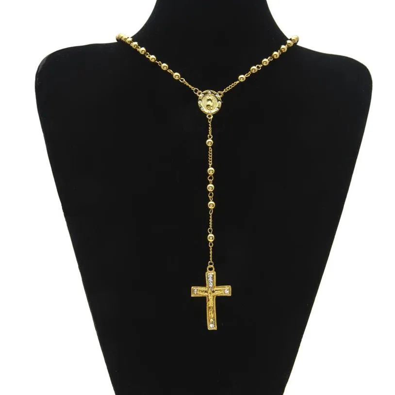 Sälj Hip Hop Style Rosary Bead Cross Pendant Jesus Halsband med tydliga strass 24 tum halsband män kvinnor mode smycken w292t