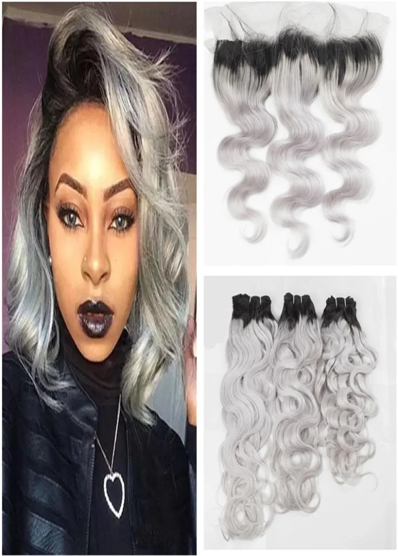 Ombre Grey Bundles with Frontal Closure Two Tone Grey Bundles Brazilian Human Hair Weaves with 13X4 Lace Frontal Wet and Wavy Virg1168107