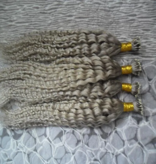 Silvery Kinky Curly Remy Hair Extensions Pre Bonded Nano Loop Ring Hair 200g 7a 100 Remy Hair 200pcs Nano Rings Beads6318309