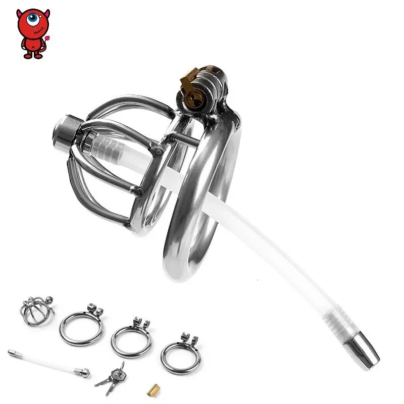 Male Slave Super Small Stainless Steel Chastity Device with Catheter Cock Cage Penis Lock Ring Belt Sex toys 240102