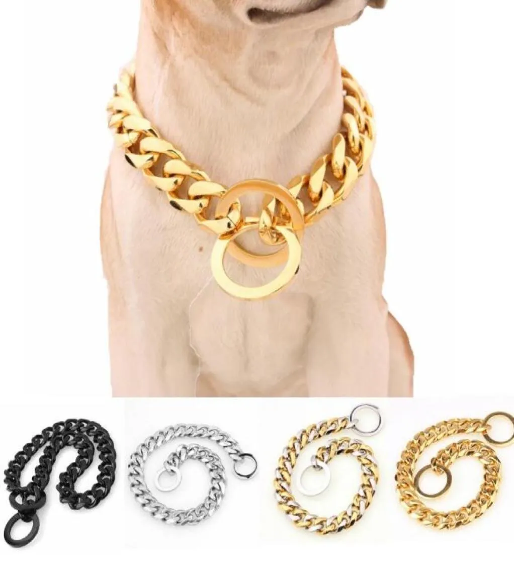 15mm 316L Stainless Steel Gold Plated Dog Collars Cuban Link Chain Puppy Necklace Pet Dog Accessories Supplies5988837