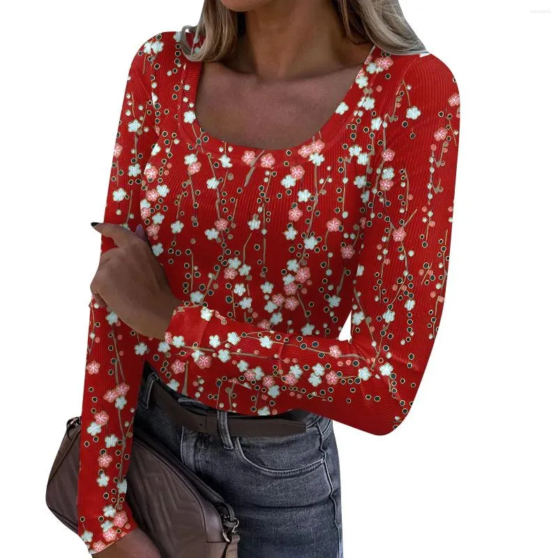 Dames T-shirts Mode Slanke onderkant T-shirt Casual Retro Bloemenprint U-hals Trui met lange mouwen Top Officiële winkel Ropa De Mujer