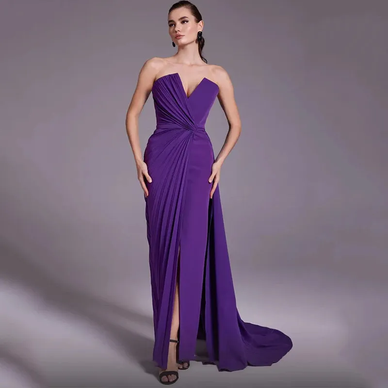 Klasyczne ciemne fioletowe sukienki na bal matarnie 2024 Satynowe satynowe sukienki na szyję szkielet