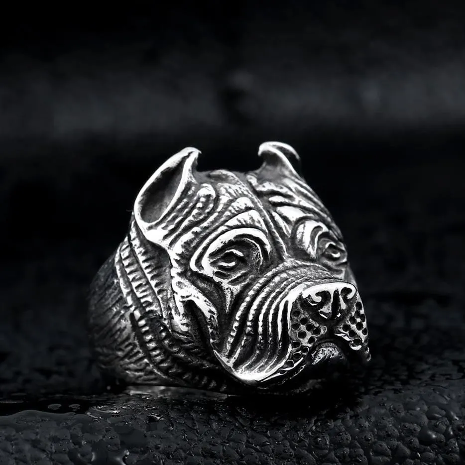 Men's Vintage Stainless Steel Ring Viking Pitbull Bulldog Gothic Pug Dog Head Totem Amulet Punk Animal Jewellery for Men Boys287Y