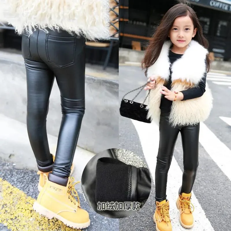 Trousers children's PU leather pant Leggings Thickened and plush warm winter pants for baby girls kids fashion boutiques trousers