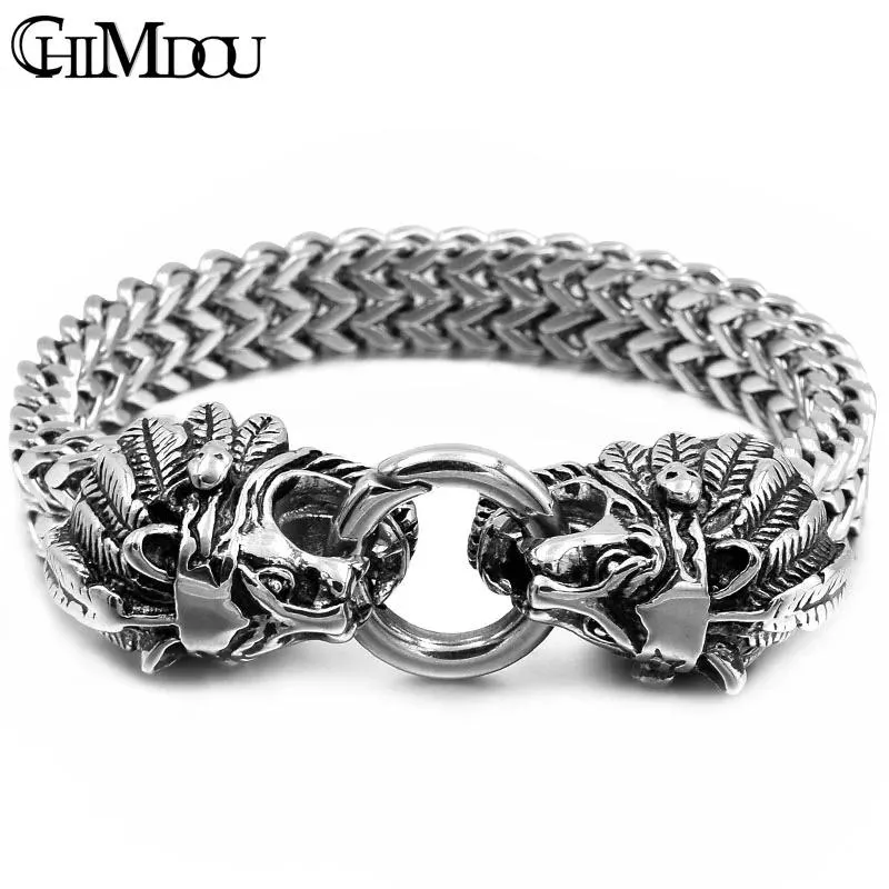 Bangle Chimdou Nya smycken Punk Silver Color Men Chain Link Tribal Indian Lion Armband Animal Bangle rostfritt stål för Summer Man