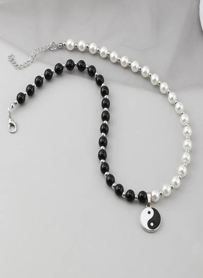 Chokers Round Pearl Beads Yin Yang Taichi Pendant Stainless Steel Chain Unisex Necklace Couple Jewelry Women Mens9490955