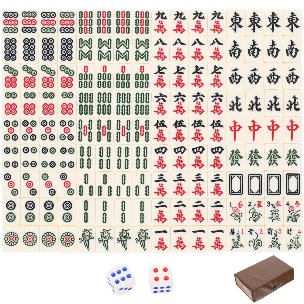 Set de Mahjong FOLLDALT, 144 pièces 3,0x2,25x1,7 cm Ensemble de tuiles Mahjong, set de Mahjong portable avec 3 dés, set de Mahjong format complet avec