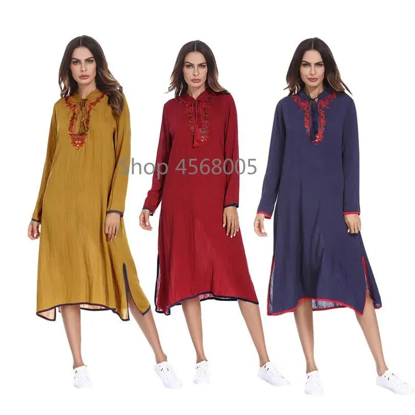 Vestuário árabe médio oriente feminino usar vestido de manga longa abaya bordado muçulmano longo robe solto vestido de roupa islâmica marroquina