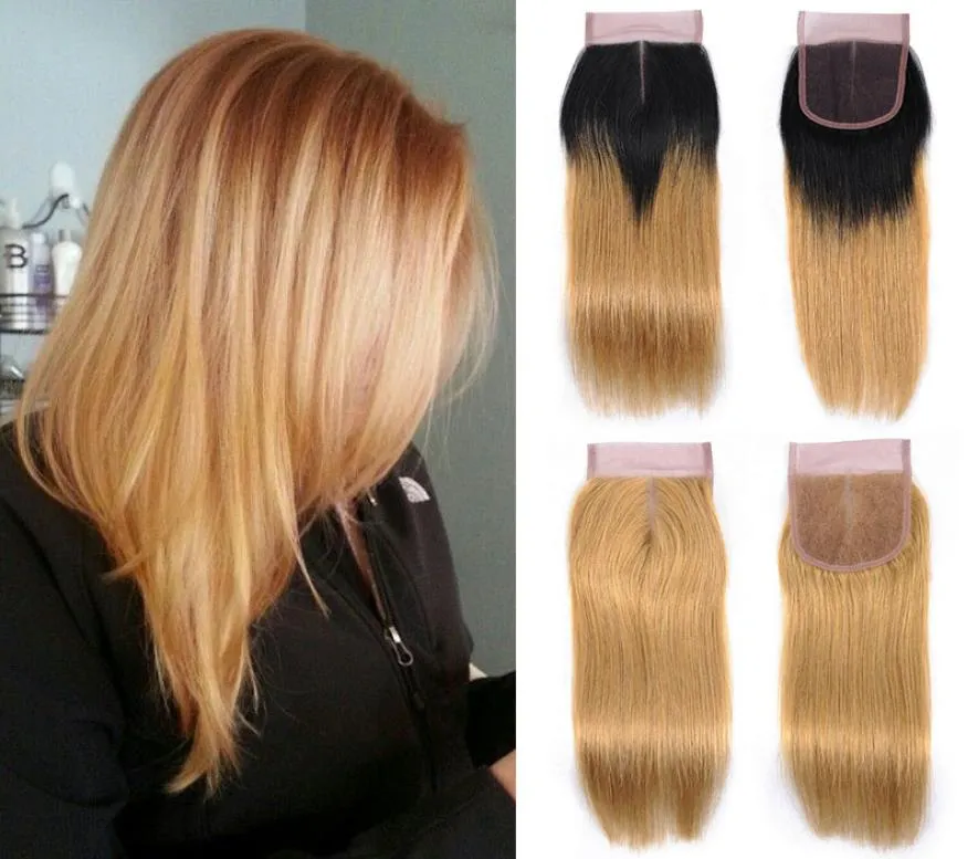 27 Honey Blonde Pure Color 1B27 Dark Root Blonde Ombre Color Natural Black Straight Closure Hair Brazilian Peruvian Malaysian H3910028