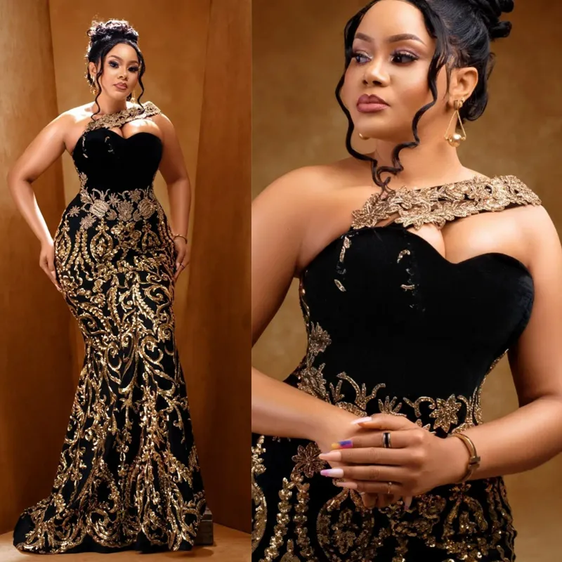 Aso Ebi Vestidos de baile de um ombro com renda dourada sereia vestidos de noite formais elegantes para ocasiões especiais vestido de festa de aniversário segundo vestidos de recepção vestido de gala NL237