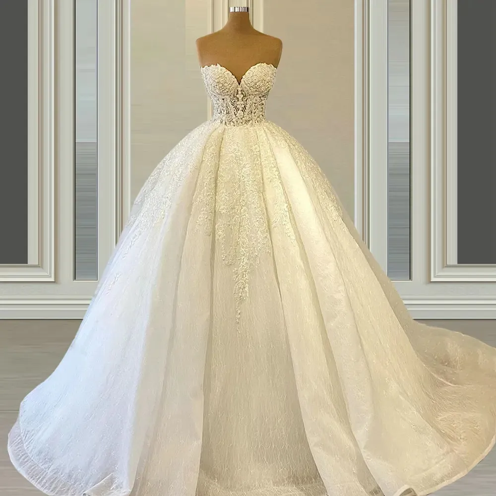 Robe De mariée en dentelle, col en cœur, col en cœur, robes De mariée bouffantes froncées avec des appliques de perles, 2024, YD