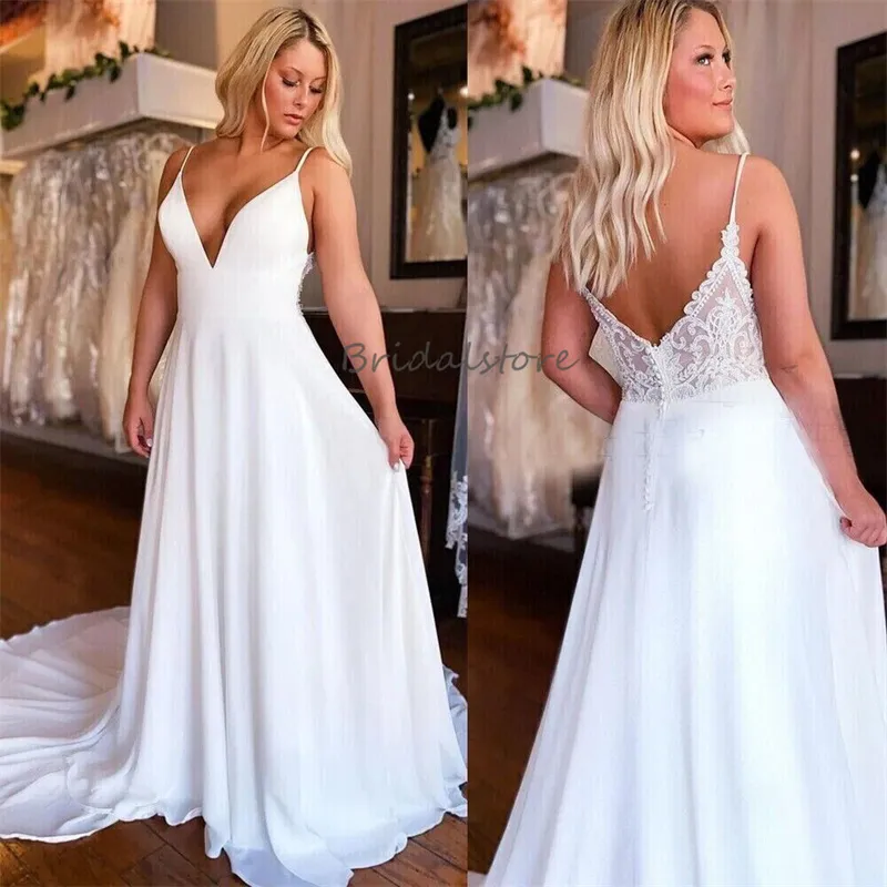 Boho Chic Plus Size Wedding Dresses: Beach V Neck Lace Spaghetti Strap ...
