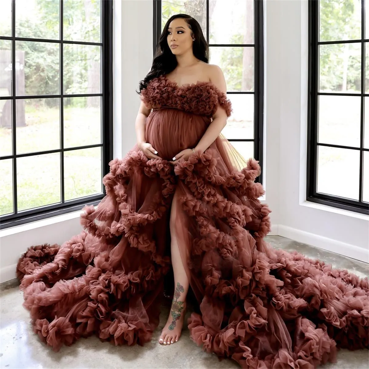 2024 Prom Dresses African Maternity Dress Robes för fotografering eller baby shower ruffles Tiered Tulle Off Shoulder Chic Women Photography Party Dress Chocolate Chocolate Chocolate