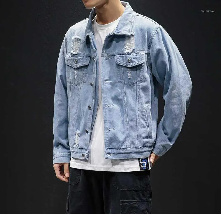 Uomo Giacche di jeans blu chiaro Fori Jean Giacche maschili Abbigliamento Cappotti per il tempo libero Capispalla in cotone da uomo Jeans Taglie forti16238366