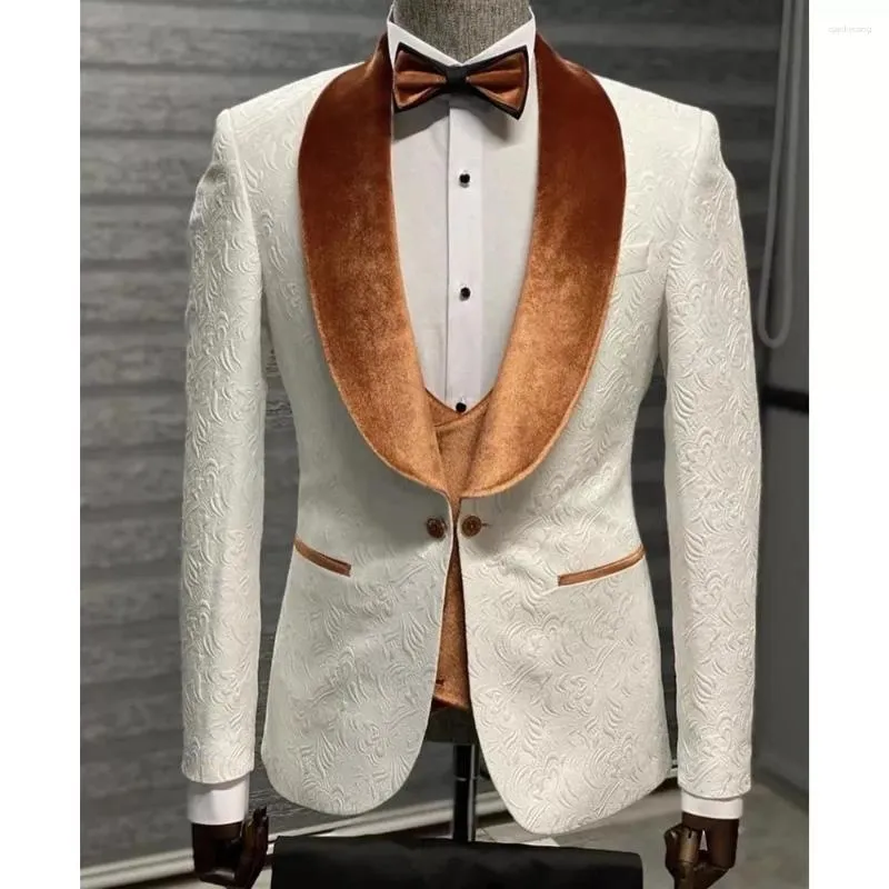 Herenpakken Nieuwste ontwerp Jacquard Mannen voor bruiloft 3-delig Fluwelen sjaal Revers Terno Masculino Slim Fit Blazer Smoking Bruidegomkleding Schoolfeest