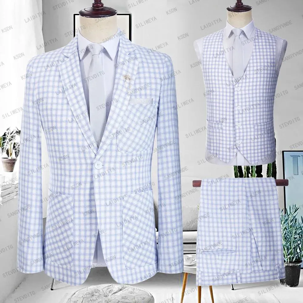 Jacken Männlich Hochzeit Neue 2023 Sommer Business Formale Blau Karierten Anzug Slim Fit Mantel Hosen Männer Kleid Blazer Hosen Weste 3 stück