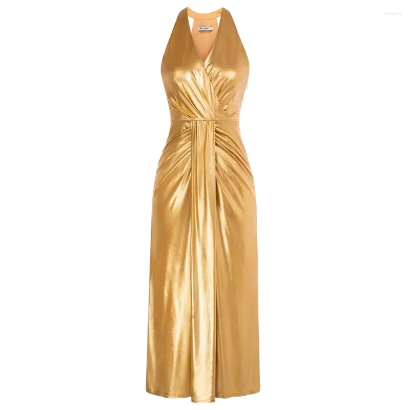 Casual Jurken Dames Superplie V-hals Jurk Heupengewikkeld Uitgesneden Schouder Maxi Goud Glanzend Feest Ruches Design Avond