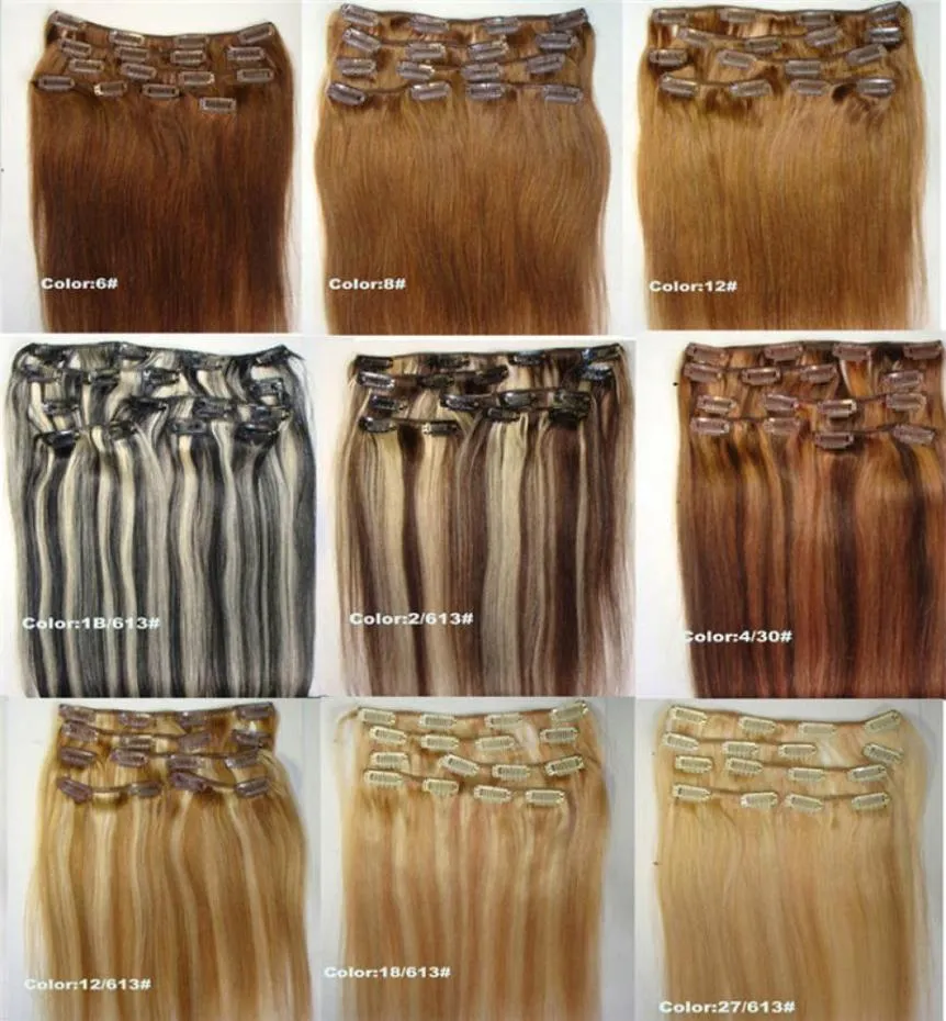 Klipp i mänskliga hårförlängningar blond svartbrun 1522 tum 70g pack brasiliansk indisk dubbel inslag för full huvud6418439