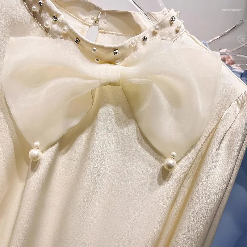 Женские блузки, роскошные милые рубашки с большим бантом и бисером, весна 2024, однотонный шифоновый топ с длинными рукавами Blusas Para Mujer