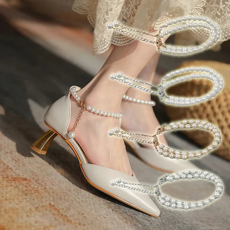 1 par de zapatos de perlas, correas en los tobillos, elegantes cordones antideslizantes, zapatos de tacón alto desmontables con autoadhesivo para decoración de mujer 240102