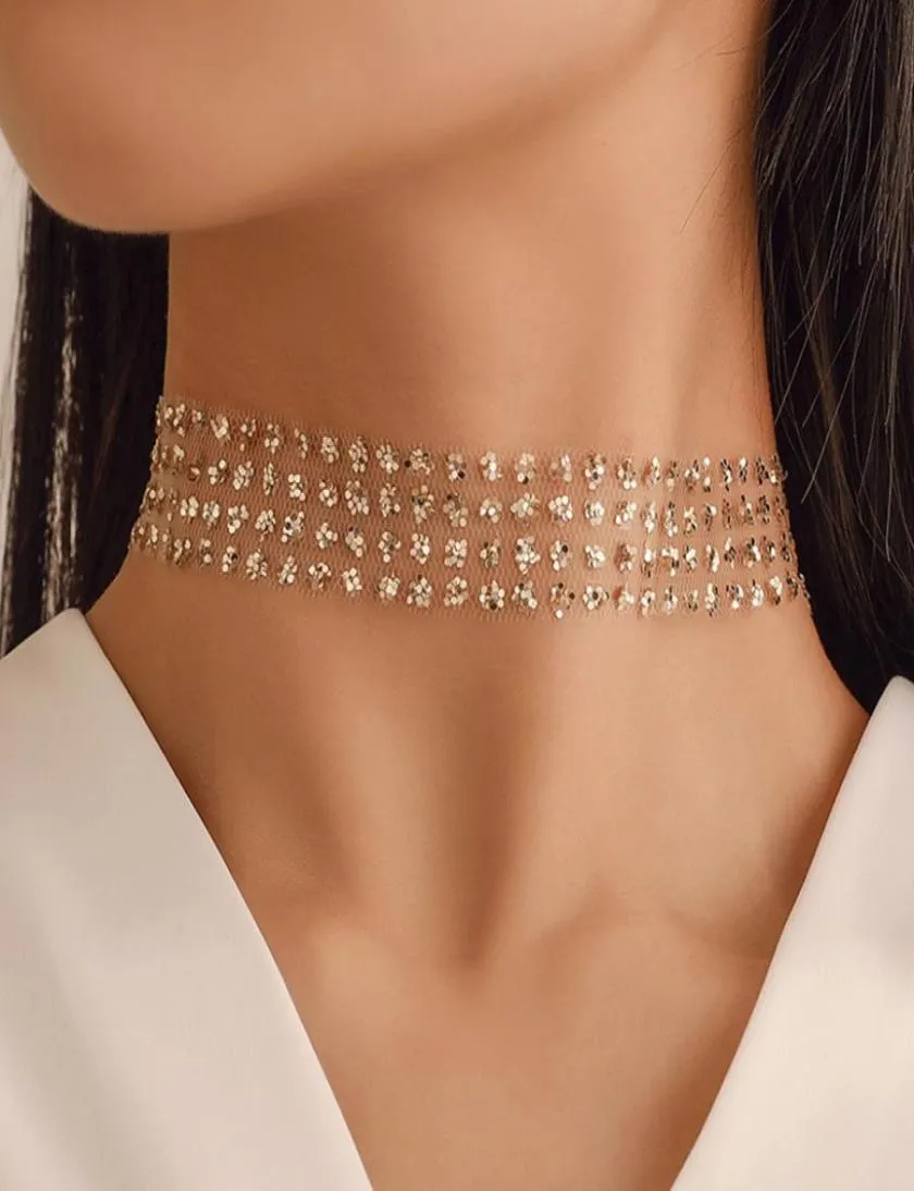 Sexy ampla gola de metal gargantilha colares para mulheres lantejoulas brilhantes gaze malha chocker colar declaração boate jóias3481027