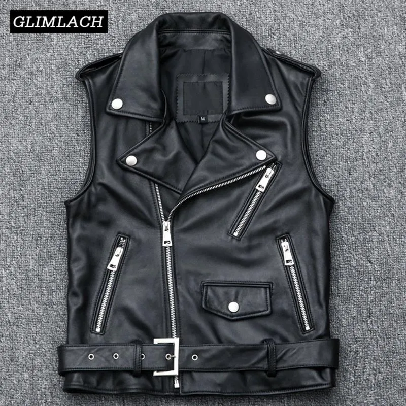 Gilets Femmes Moto Motard En Peau De Mouton Gilet En Cuir Fermeture Éclair Court En Cuir Véritable Gilet Sans Manches Veste Grande Taille 4XL Ceintures Manteau