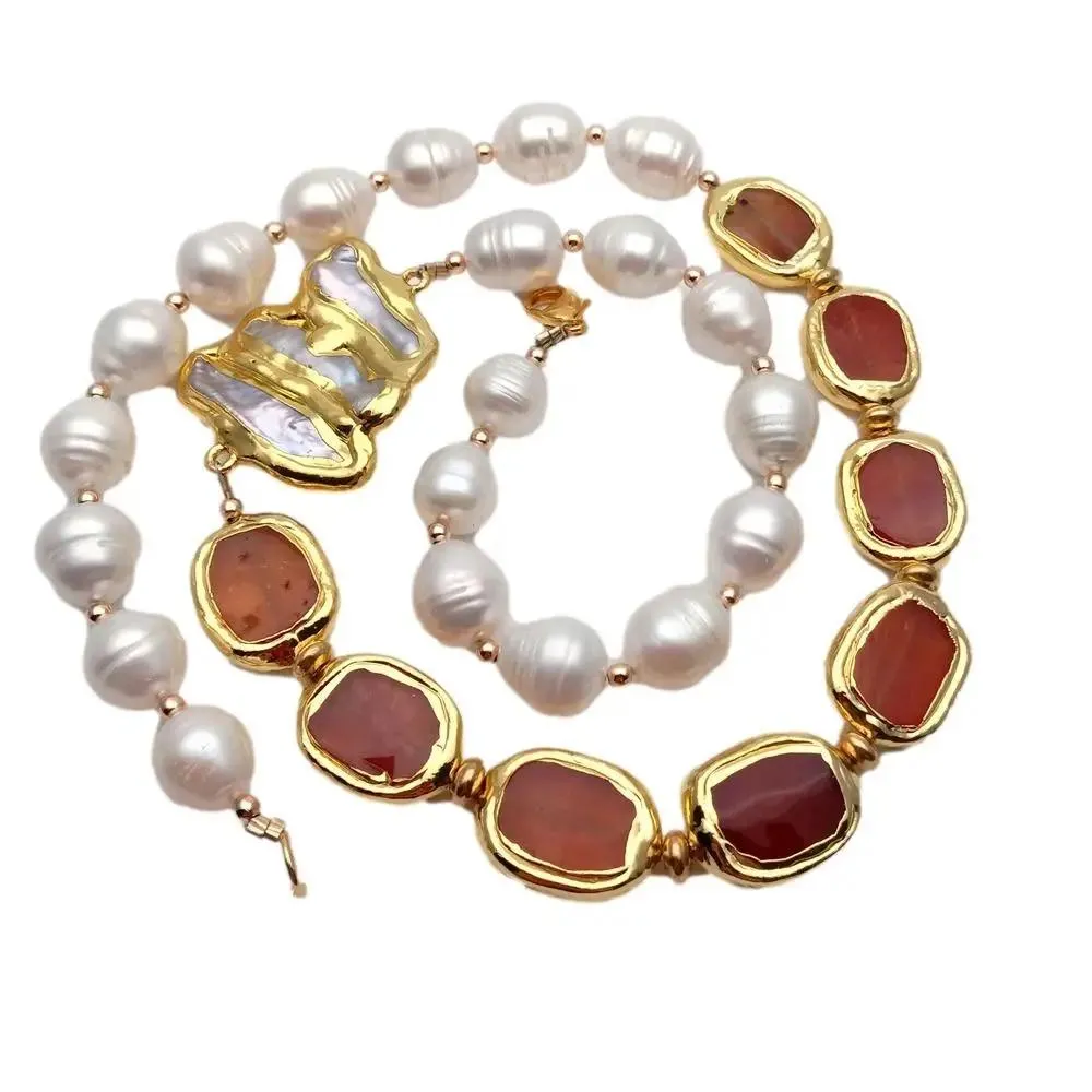 Halsband Y.ying Cultured White Rice Pearl Carnelian Halsband Biwa Pearl Choker Halsband Kvinnesmycken gåva