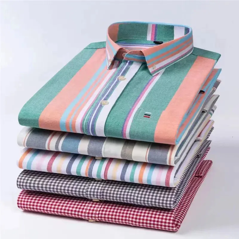 100 Bawełniane męskie koszule Oxford Długie rękaw Casual Stripe Soft Butded Plaid Formal Męskie Ubrania plus 7xl 6xl 240102