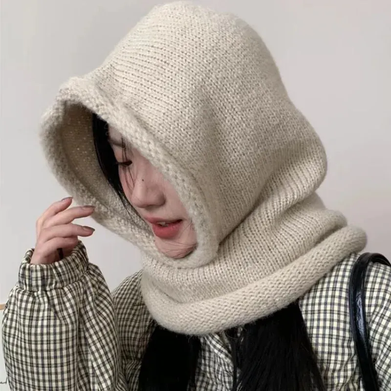 Coreia grande solto balaclava chapéus feminino malha oversize pulôver com capuz bonés inverno xale chapéu ao ar livre gorros quentes 231229