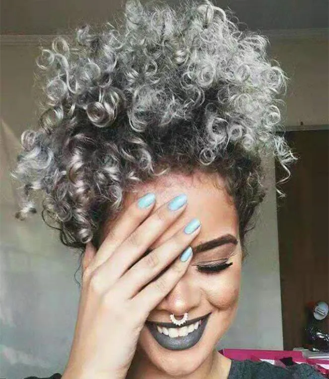 100 Real Grey Hair Short Afro Puff Ponytail African American Wrap Black Grey Human Ponytail With DrawString och Clipgray 120g 13372220