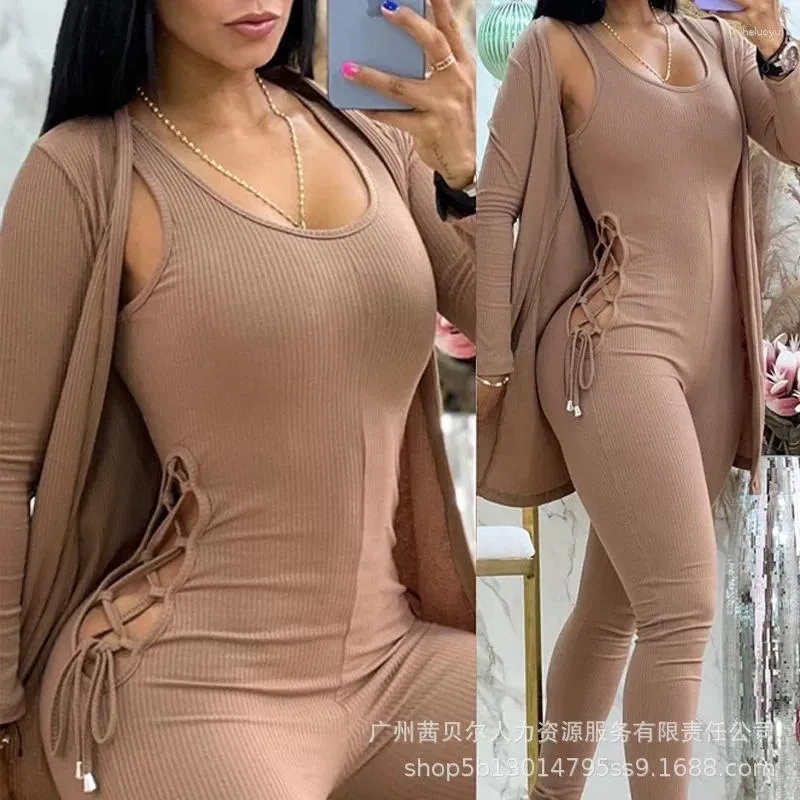 Women's Two Piece Pants 2024 Autumn Women Loose Cardigan Jumpsuit Long Overalls Hollow Out Casual Khaki Rompers Sets Womens Outifits