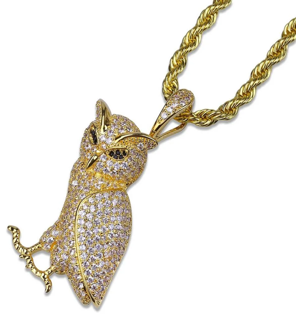 Mode Hommes 18k Plaqué Or Chaîne En Argent Hibou Pendentif Collier Designer Glacé Strass Hip Hop Rap Rock Bijoux Colliers Pour 7020212