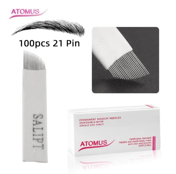 100 pz 21 Pin Aghi per tatuaggio Smaltimento Eye Brow Fornitura Tatuaggio Trucco permanente Accessori per microblading Fornitura tatuaggio usa e getta4082020