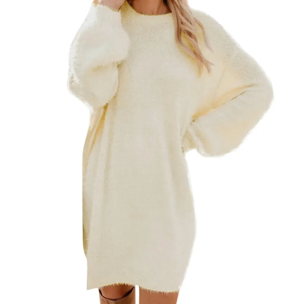 Peluche col roulé chaud Mini robe femmes hiver tricoté poche laine solide à manches longues pull débardeur femme 240102