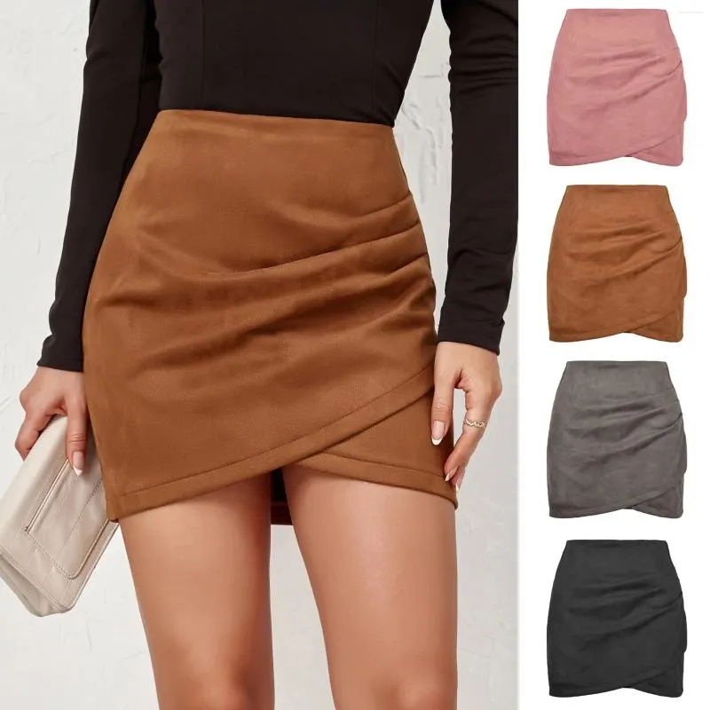 Skirts Suede Solid Color Halfskirt Autumn/Winter Pleated Cross Irregular Zipper Short Skirt Women's Mini Slim Fit Straight Style