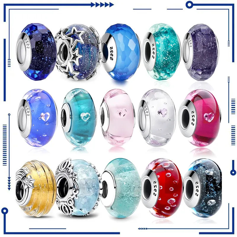 925 Silber Mode neue bunte herzförmige Murano Glas Charm passen PAN Armband Halskette Set mit Murano Glas-DIY edlen Schmuck kostenloser Versand