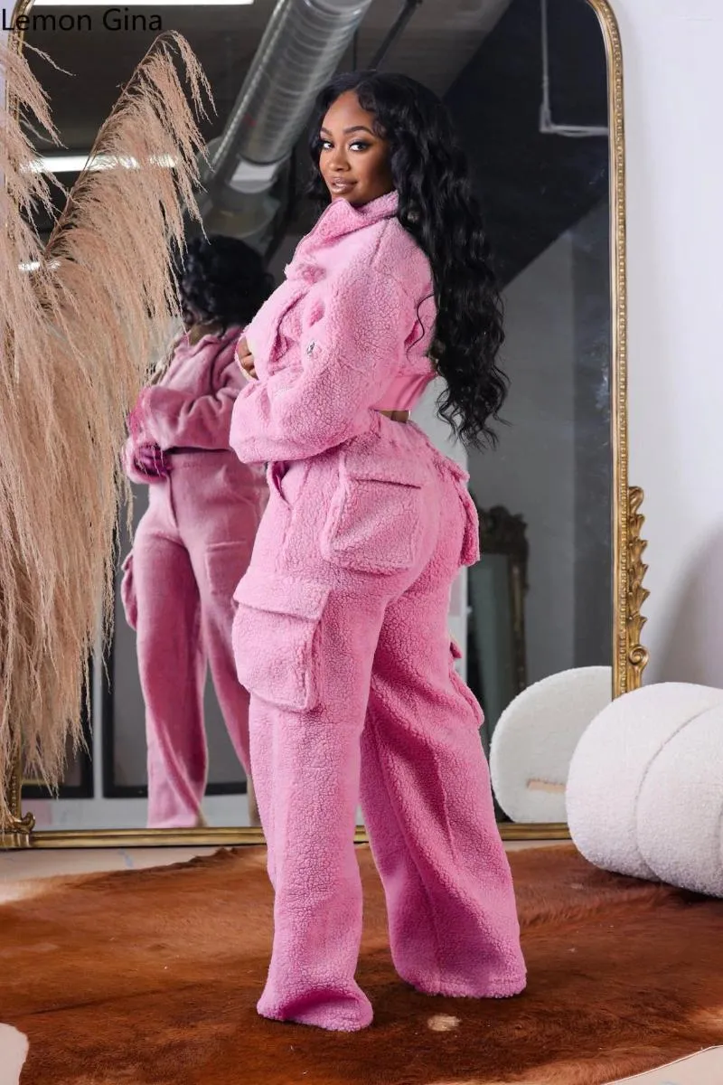 Women's Two Piece Pants Lemon Gina Fashion Fleece Set Long Sleeve Jacket And Pocket Wide Leg 2024 Cargo 2 Sets Outfits Tracksuit