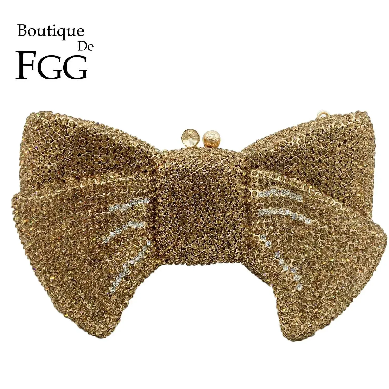 Boutique De FGG Новинка Женский клатч с бантом и кристаллами Вечерние сумки Жесткий футляр из металла Minaudiere Сумки со стразами Свадебная вечеринка Кошелек 240102