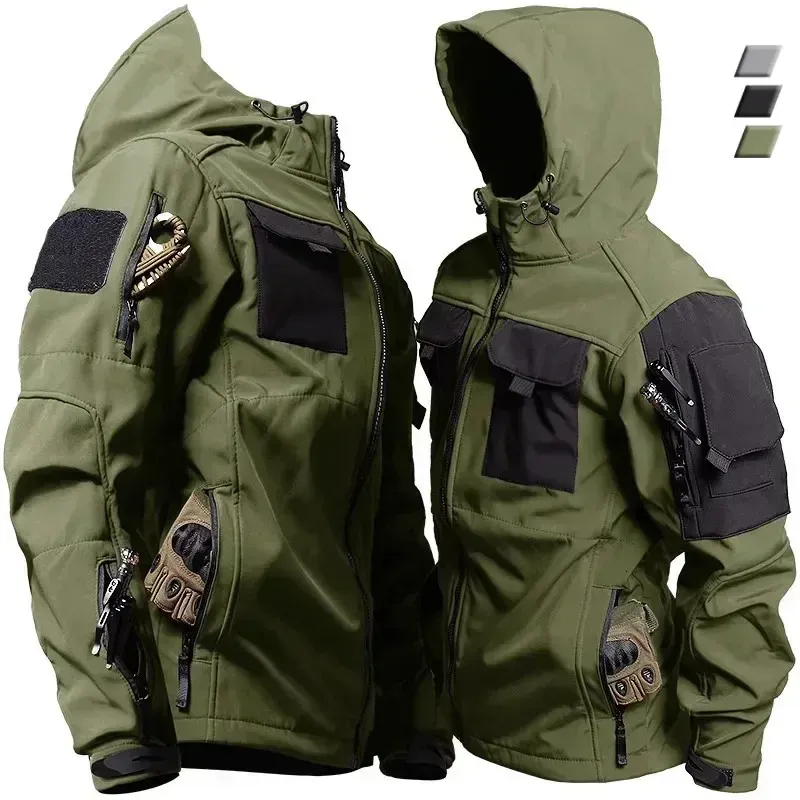 Giacche tattiche in pelle di squalo Uomini Soft Shell militare Giacca antivento impermeabile con cappuccio Uniformi funzionali per esterni Multi-tasche 240102