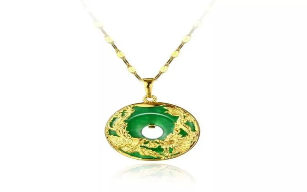 Collana con ciondolo drago e fenice per donna verde giada malese Cina antica mascotte placcata oro 24k con catena61336616868759