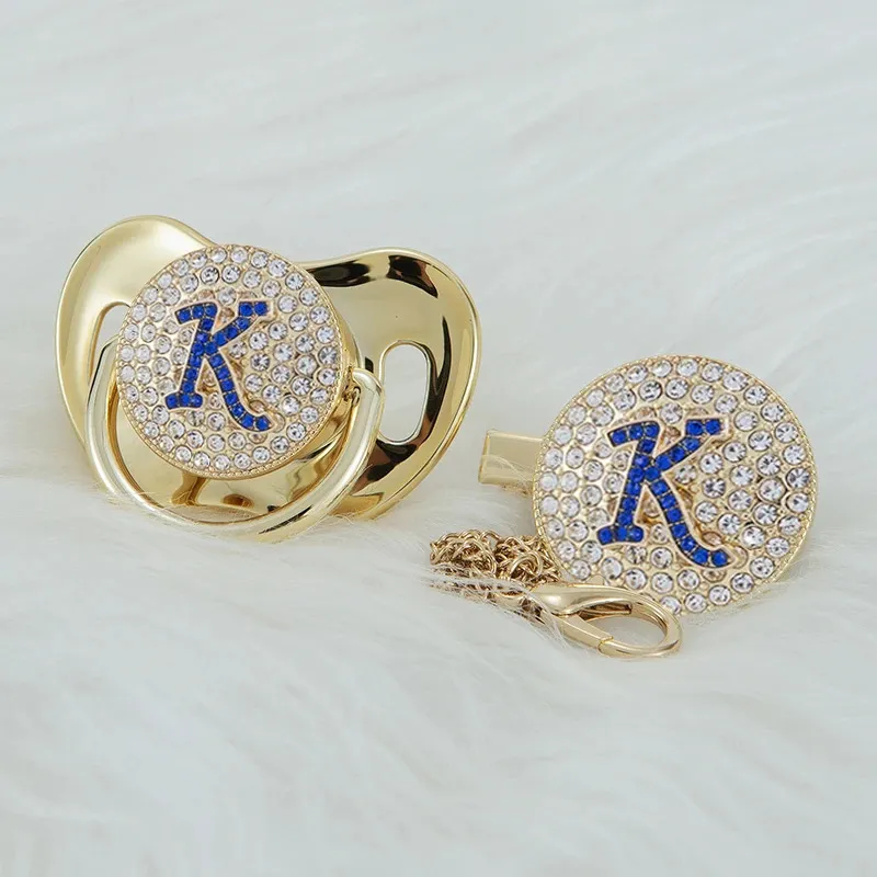 MIYOCAR gouden initialen blauw 3D letter k bling fopspeen en fopspeenclip BPA-vrij dummy ideaal cadeau babyshower 240102