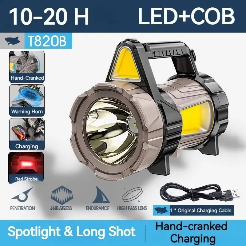 Holofote poderoso T820 de 1 unidade, lanterna recarregável LED COB, tocha à prova d'água IPX65 com buzina de luz de advertência para trabalho noturno de emergência ao ar livre, explorando a iluminação