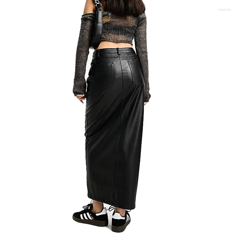 Spódnice kobiety długie pu skórzane bodycon midi z przodu szczeliną wysoką talię prosta moda kieszonkowa jesień zima 2024