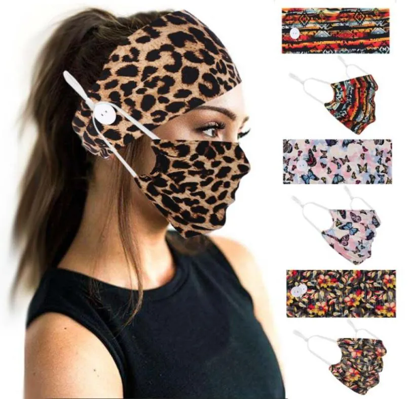 Mulheres bandana e máscara facial conjunto presentes do dia dos namorados leopardo impressão acessórios de cabelo faixa de cabeça com máscaras botão para esporte yoga5825527