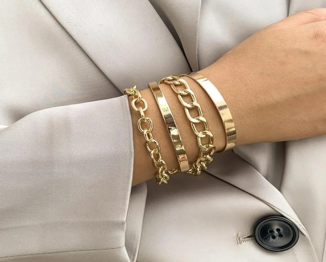 Link Chain Gold Color Vintage Multilayer Armband för kvinnors uttalande Öppning Fashion Jewelry1600627