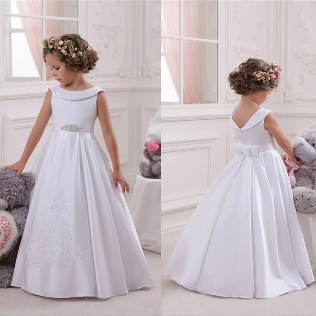 Simple White Satin Lace Flower Girl Dress for Wedding Junior Bridesmaid  Toddler First Communion Formal Gown CL3142 from Dhgate Flower Girls' Dresses  - price 68.75