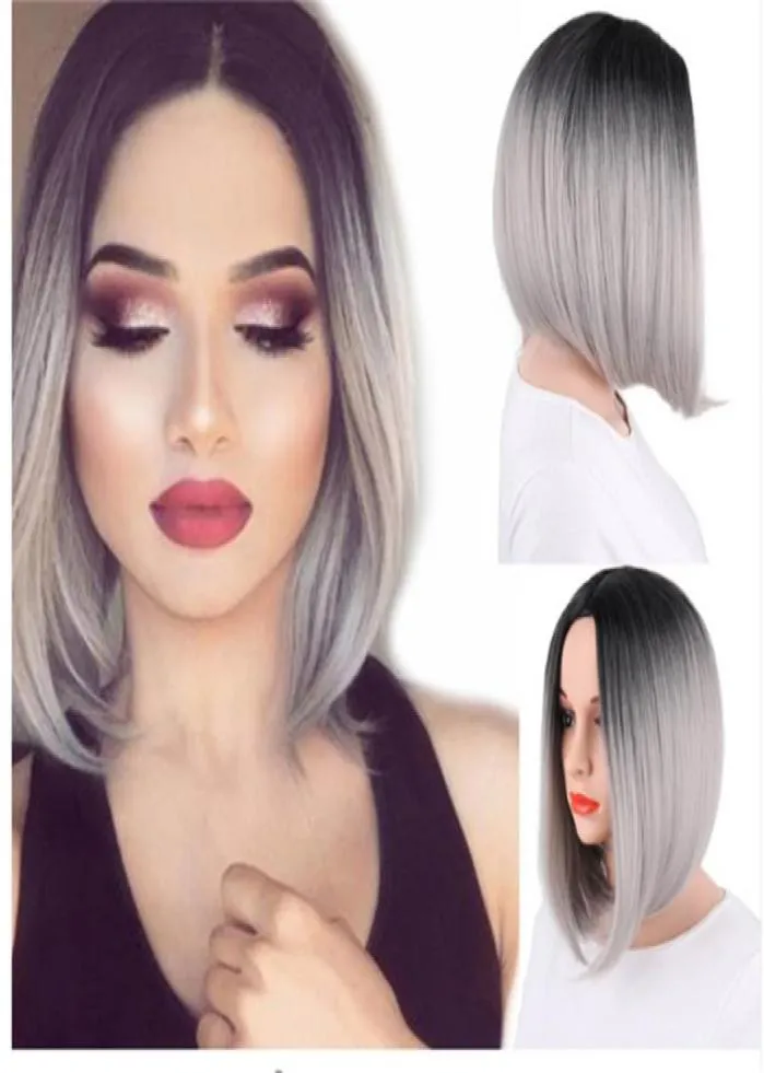 Hair Wig Synthetic Wigs Ombre Grey Hairs Bob Style Short Wigs for Women Black and Pink6205571